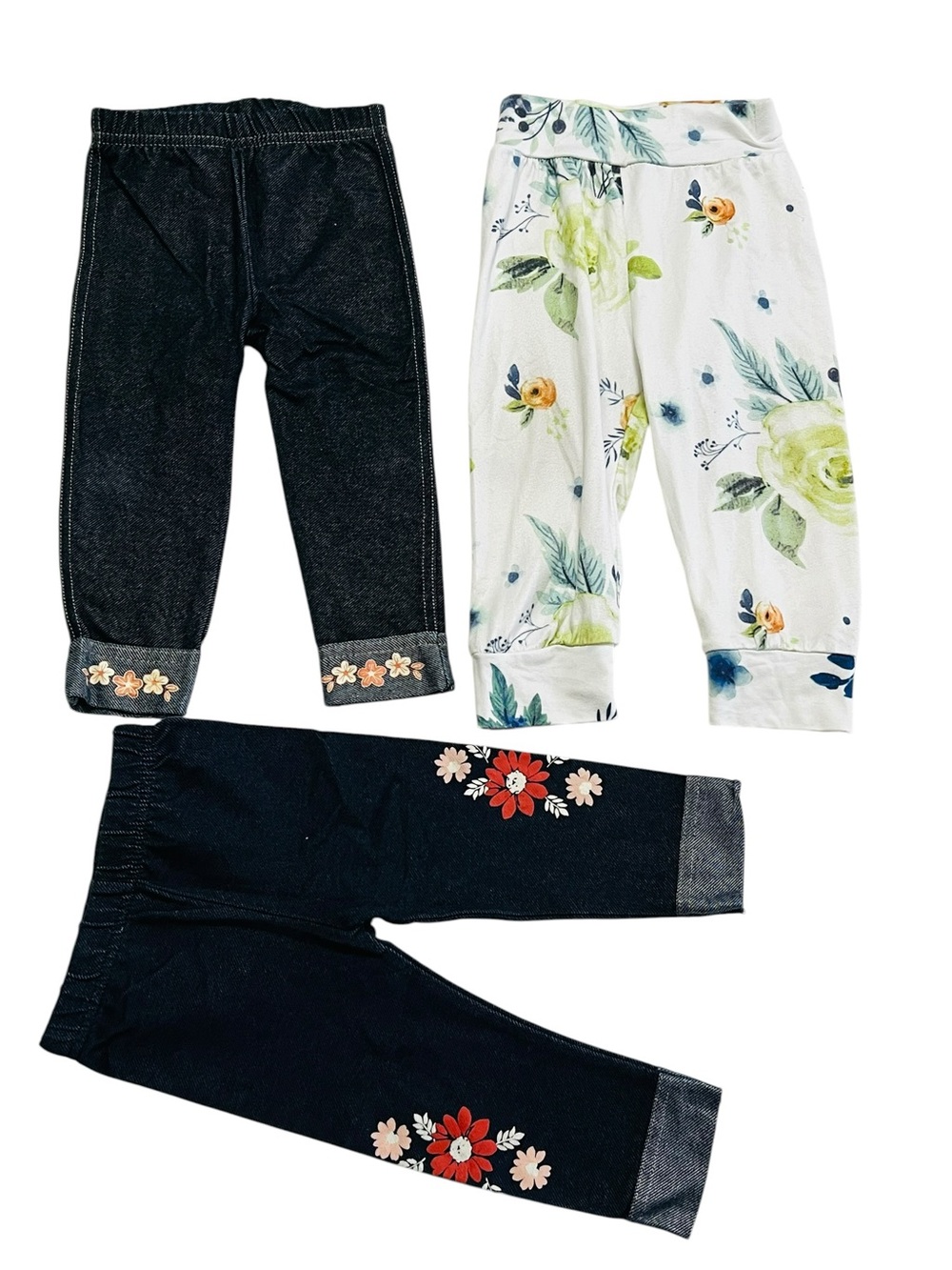 Baby Girls Floral & Denim-Style Leggings - White Floral / Black